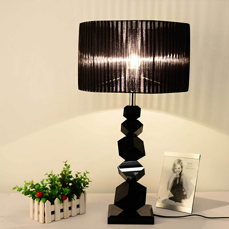 Black Drum Night Lamp Classic Fabric 1 Head Bedroom Table Light with Crystal Rock Design