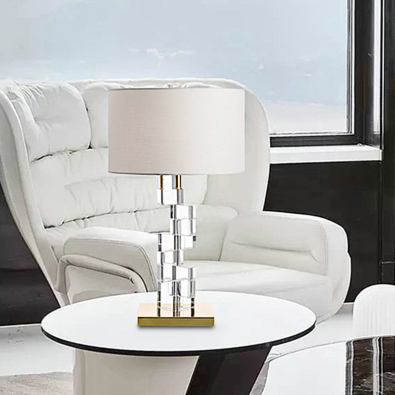 Fabric White Table Light Drum 1 Bulb Traditional Nightstand Lamp with Dislocated Clear Glass Block Deco