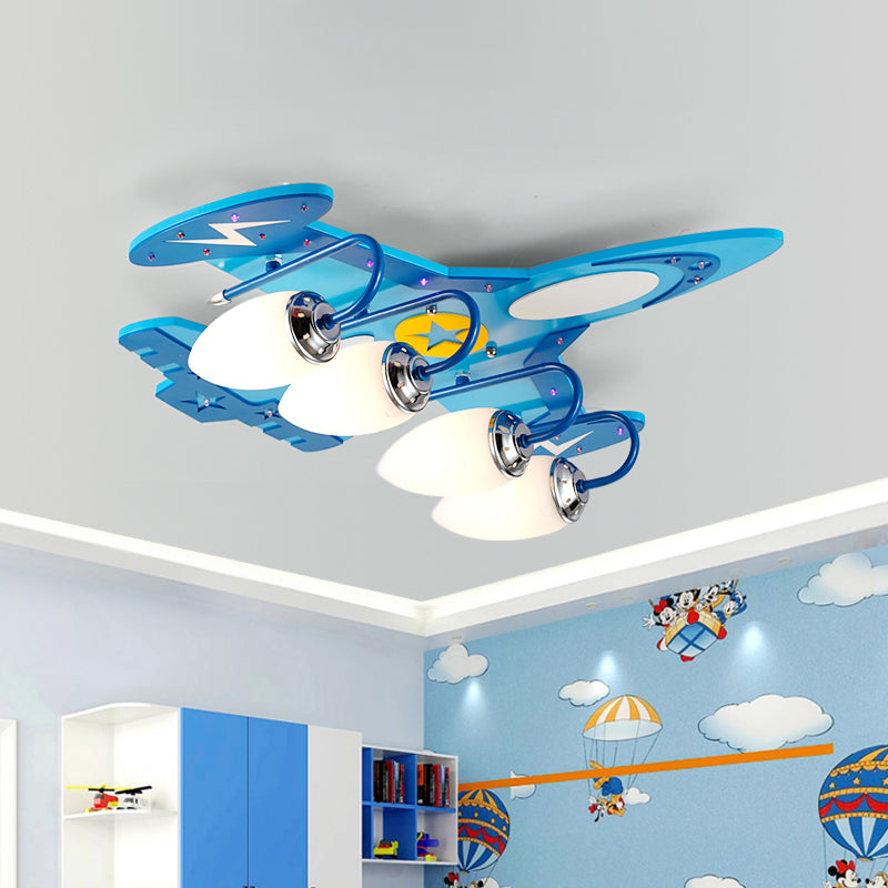 Kids Jet Aircraft Flush Light Wood 4 Heads Bedroom Flush Mount Ceiling Lighting in Blue with Oval Milk Glass Shade