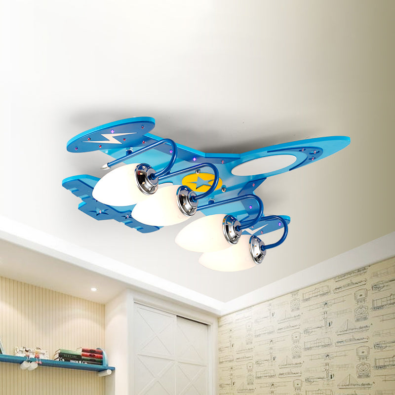 Kids Jet Aircraft Flush Light Wood 4 Heads Bedroom Flush Mount Ceiling Lighting in Blue with Oval Milk Glass Shade