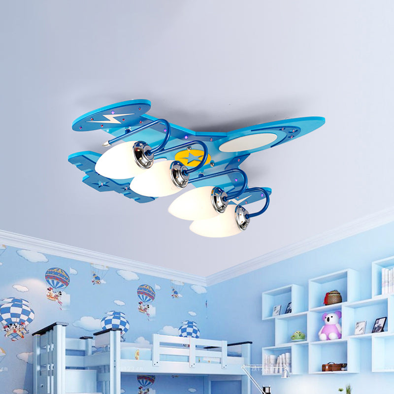 Kids Jet Vliegtuigen Flush Light Wood 4 Hoofden Slaapkamer Flush Mount Plafond Verlichting in Blauw met Ovale Melk Glas Shade