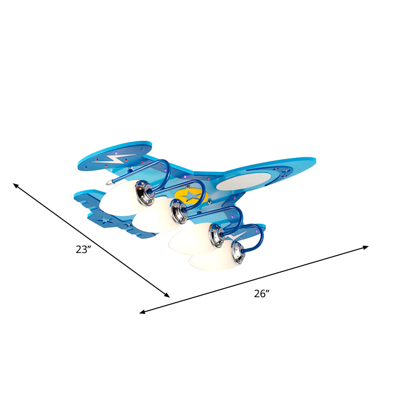 Plafonnier encastré en bois pour enfants, avion à réaction, 4 têtes, éclairage de plafond pour chambre à coucher, bleu, avec abat-jour ovale en verre de lait