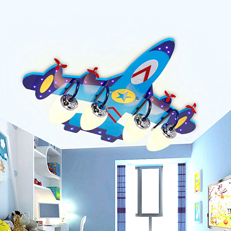 4-Bulb Bedroom Flush Mount Lamp Kid Blue Plane Ceiling Fixture with Ellipse Opal Glass Shade