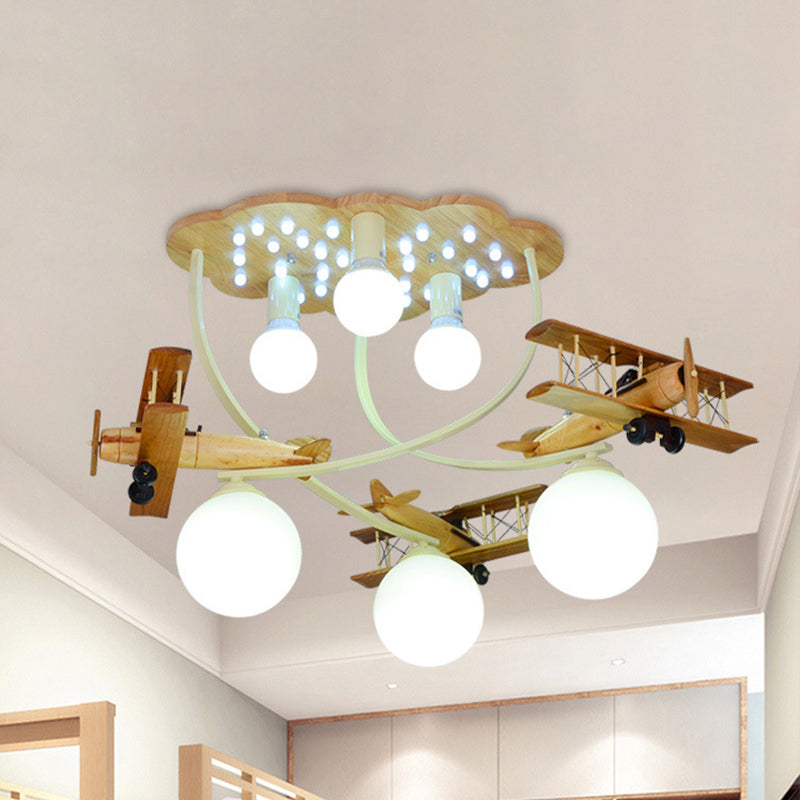 Creative Biplane Close to Ceiling Lamp Wooden 6 Heads Boys Room Flush Mount Light in Brown with Globe White Glass Shade