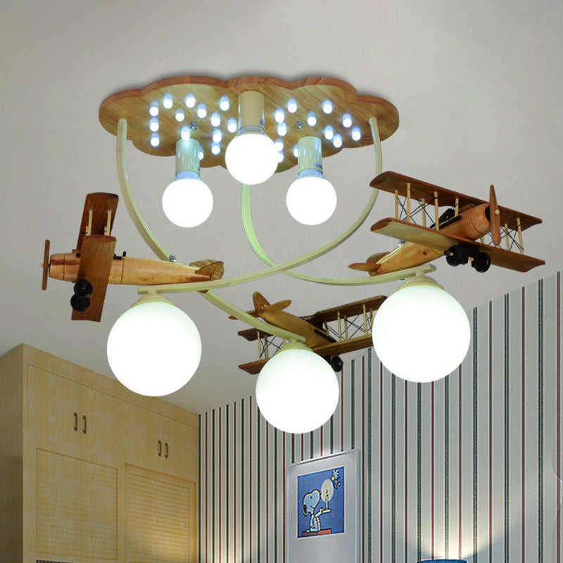 Creative Biplane Close to Ceiling Lamp Wooden 6 Heads Boys Room Flush Mount Light in Brown with Globe White Glass Shade