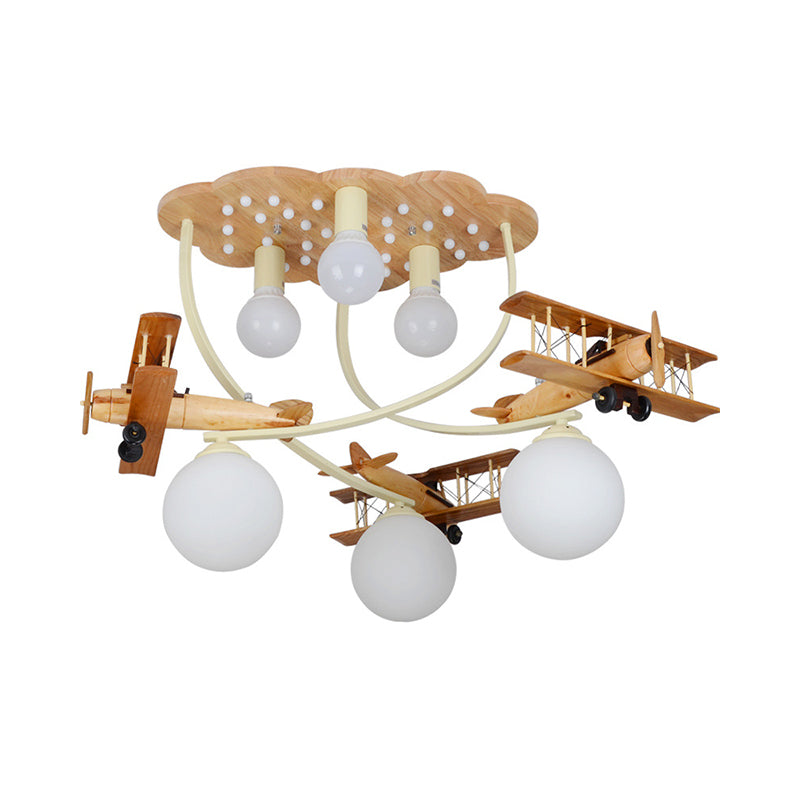 Creative Biplane Close to Ceiling Lamp Wooden 6 Heads Boys Room Flush Mount Light in Brown with Globe White Glass Shade