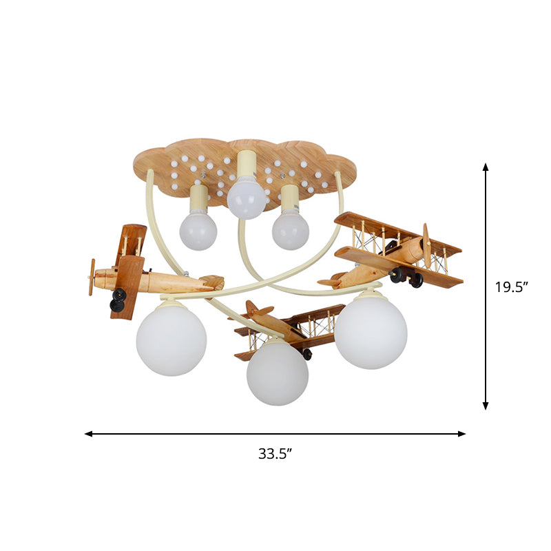 Lámpara de techo creativa biplano de madera, 6 cabezales, luz empotrada para habitación de niños en marrón con pantalla de cristal blanco globo