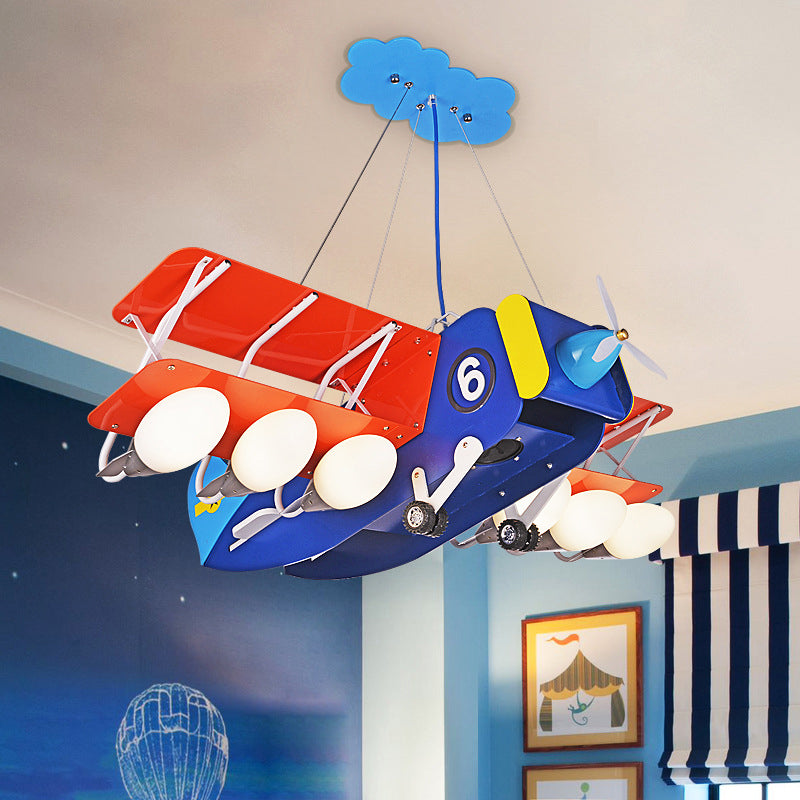 Cartoon Wright Flyer kroonluchter metallic 6 bollen kinderen slaapkamer plafond hang licht in blauwrood