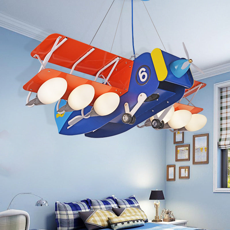 Cartoon Wright Flyer kroonluchter metallic 6 bollen kinderen slaapkamer plafond hang licht in blauwrood