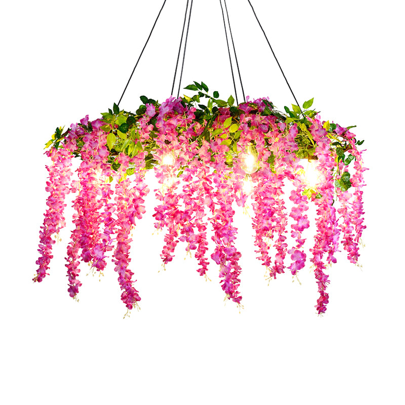 1/3/4-Light Iron Pendant Lamp Rural White/Pink/Purple Plant Cafe Chandelier Lighting with Globe/Wheel/Tapered Cage