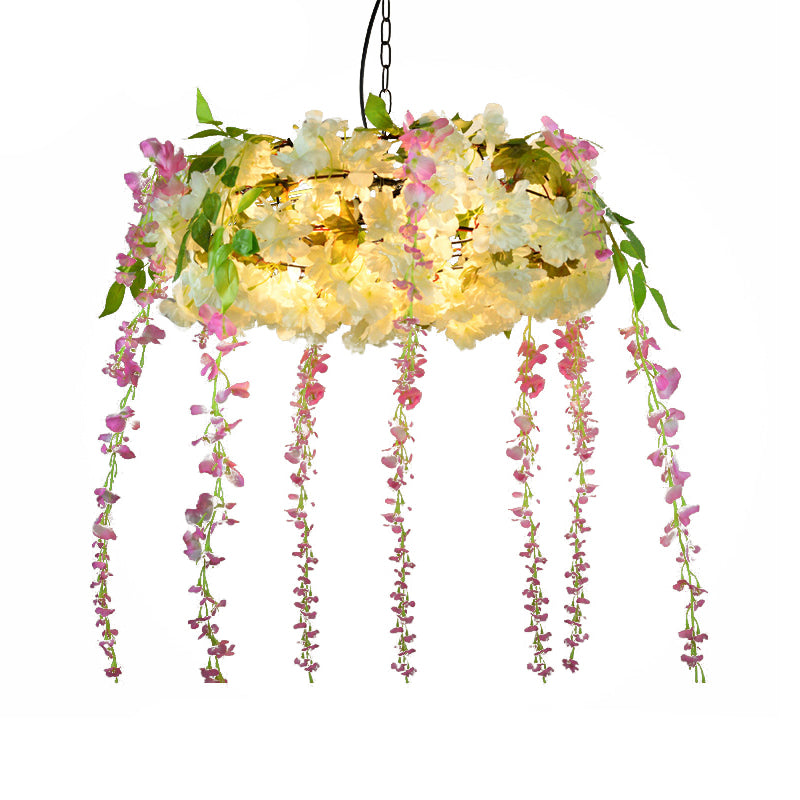 1/3/4-Light Iron Pendant Lamp Rural White/Pink/Purple Plant Cafe Chandelier Lighting with Globe/Wheel/Tapered Cage