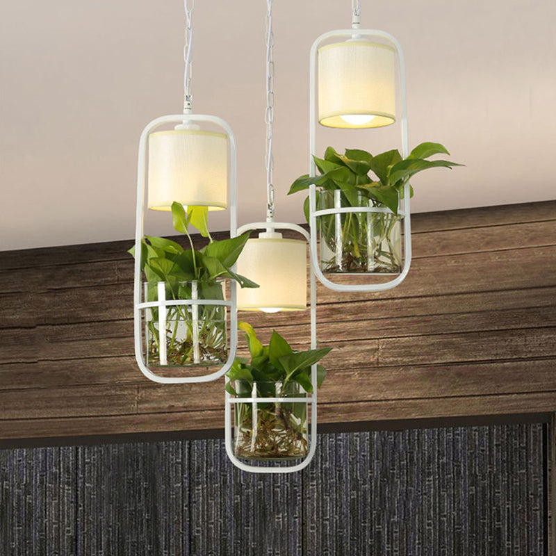 Cylinder LED Pendant Light Fixture Rustic Black/White/Gold Fabric Hanging Light in Warm/White Light with Plant Cup