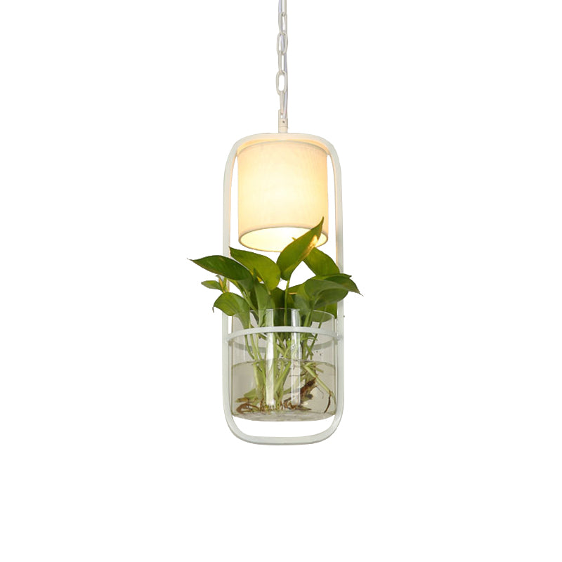 Cylinder LED Pendant Light Fixture Rustic Black/White/Gold Fabric Hanging Light in Warm/White Light with Plant Cup