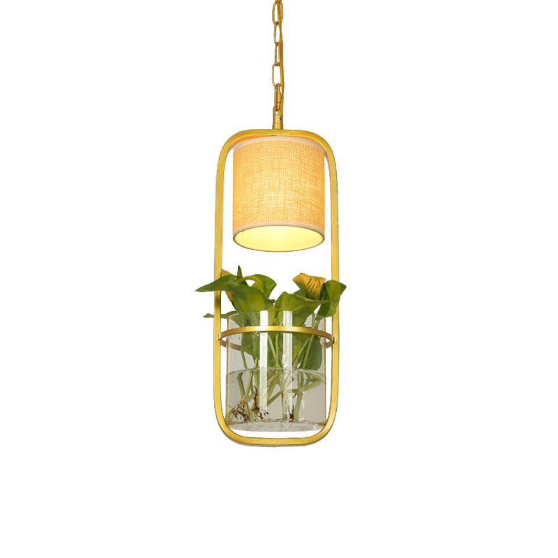 Cylinder LED Pendant Light Fixture Rustic Black/White/Gold Fabric Hanging Light in Warm/White Light with Plant Cup