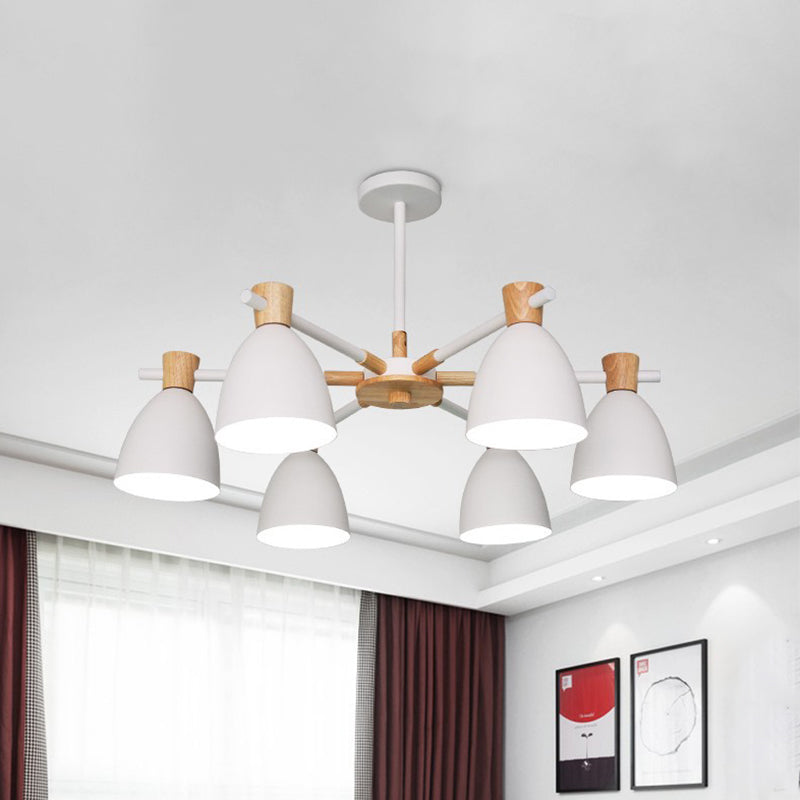 Nordic Bell -vormig hangend licht ijzer 6 lampen woonkamer kroonluchter in wit met hout accent