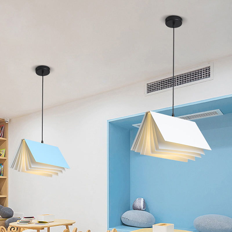 Book Shaped Cafe Pendant Lamp Metal Single-Bulb Macaron Ceiling Hang Light in Blue/Pink/Black