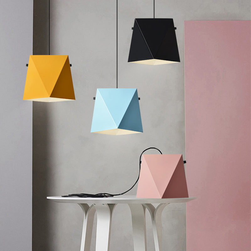 Geometric Shade Down Lighting Pendant Macaron Iron 1 Bulb Dining Room Ceiling Light in Pink/Black/Blue