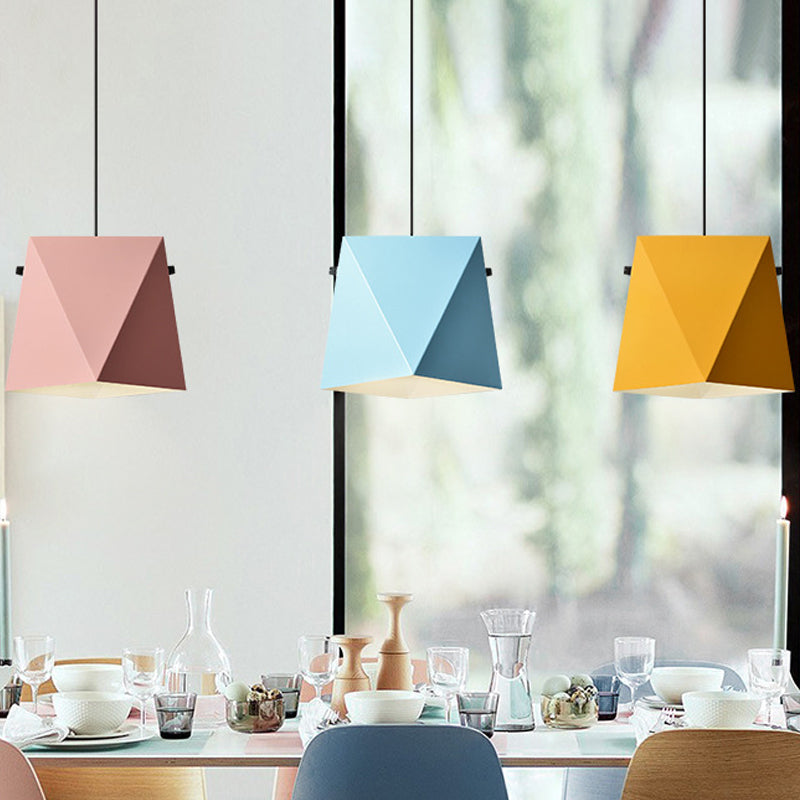 Geometric Shade Down Lighting Pendant Macaron Iron 1 Bulb Dining Room Ceiling Light in Pink/Black/Blue