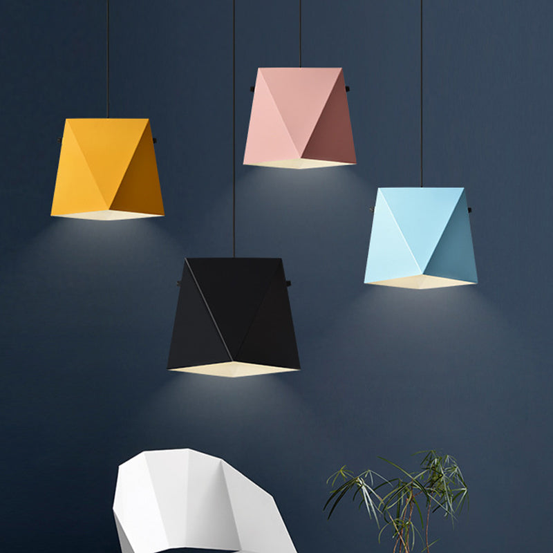 Geometric Shade Down Lighting Pendant Macaron Iron 1 Bulb Dining Room Ceiling Light in Pink/Black/Blue