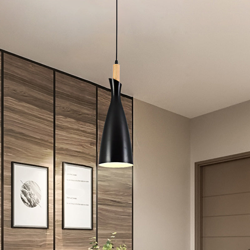 Grey/White/Black Tapered Shade Pendant Nordic Iron LED Ceiling Hang Light in Warm/White Light with Wood Decor