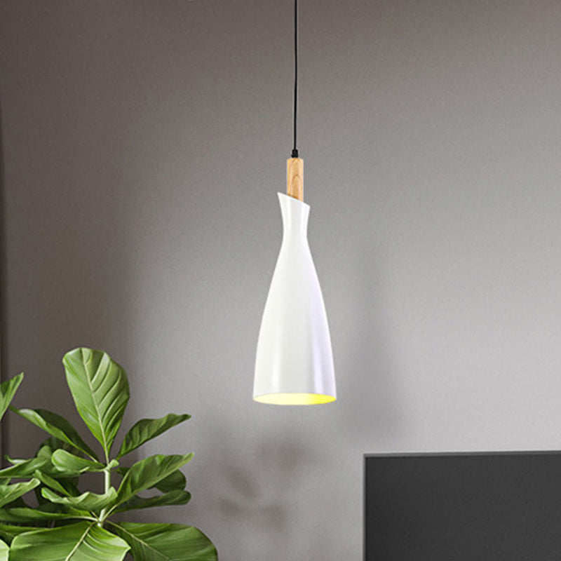 Grey/White/Black Tapered Shade Pendant Nordic Iron LED Ceiling Hang Light in Warm/White Light with Wood Decor