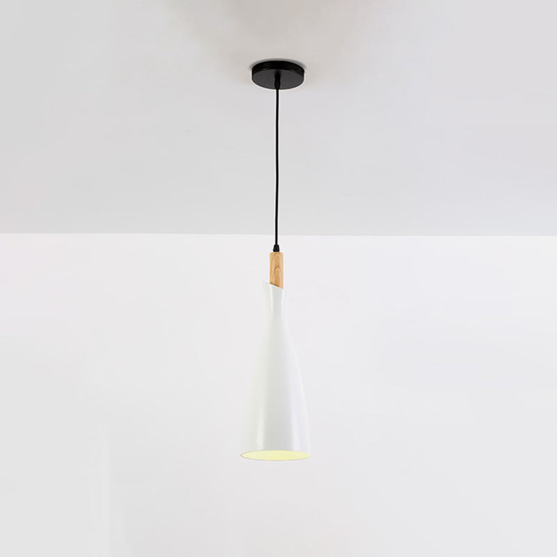 Grey/White/Black Tapered Shade Pendant Nordic Iron LED Ceiling Hang Light in Warm/White Light with Wood Decor