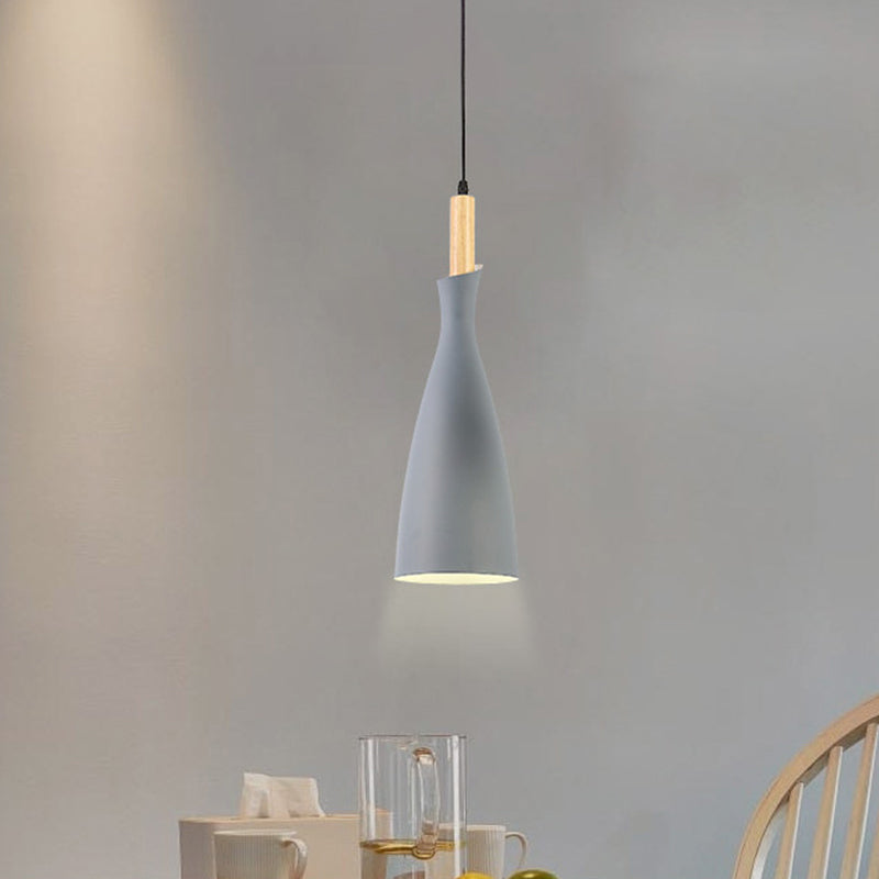 Grey/White/Black Tapered Shade Pendant Nordic Iron LED Ceiling Hang Light in Warm/White Light with Wood Decor