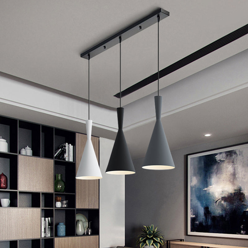 Cluster Funnel Pendant Light Nordic Aluminum 3 Heads Black-Grey-White Suspension Lighting with Round/Linear Canopy