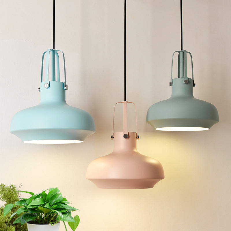 Macaron Pot Pendant Ceiling Lamp Aluminum 1 Head Restaurant Down Lighting with Gripper in Pink/Blue/Grey