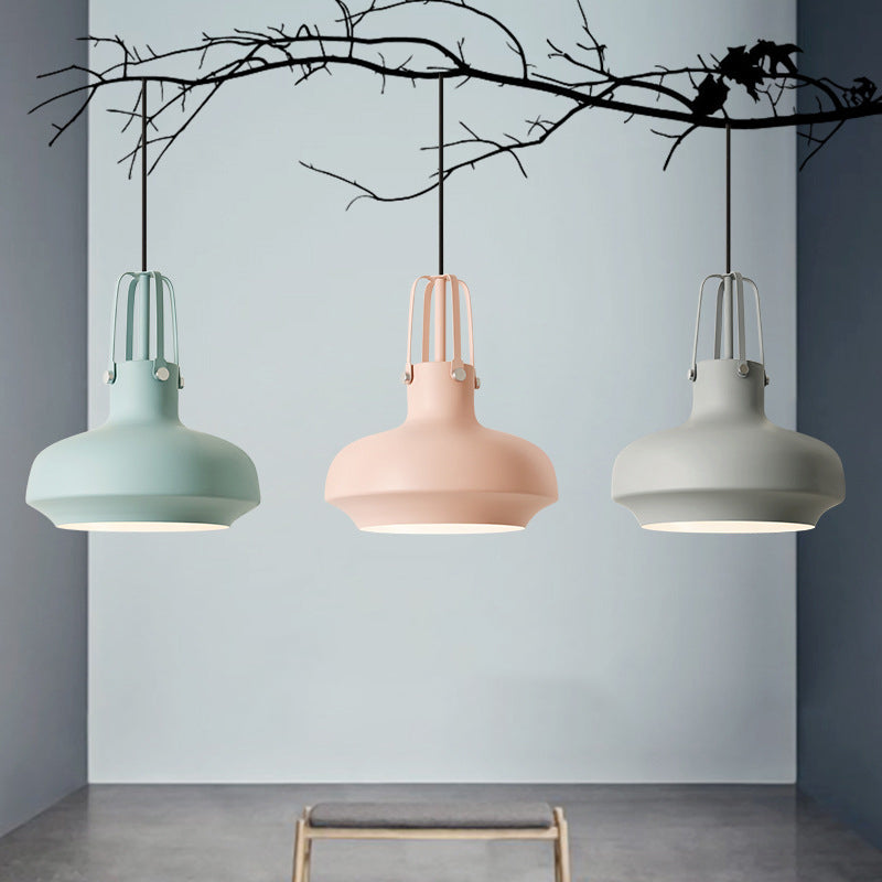 Macaron Pot Pendant Ceiling Lamp Aluminum 1 Head Restaurant Down Lighting with Gripper in Pink/Blue/Grey