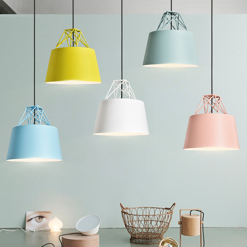 Macaron 1 Bulb Drop Pendant White/Pink/Blue Conical Frustum Hanging Lamp Fixture with Aluminum Shade and Wire Top