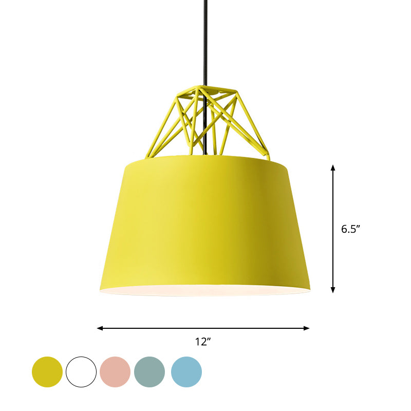 Macaron 1 Bulb Drop Pendant White/Pink/Blue Conical Frustum Hanging Lamp Fixture with Aluminum Shade and Wire Top