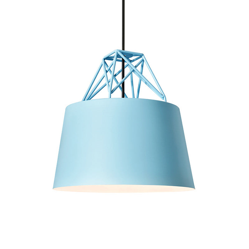 Macaron 1 Bulb Drop Pendant White/Pink/Blue Conical Frustum Hanging Lamp Fixture with Aluminum Shade and Wire Top