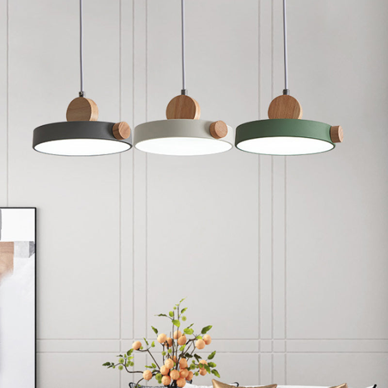 Grey/White/Green Round Hanging Light Nordic LED Acrylic Ceiling Suspension Lamp with Wood Decoration