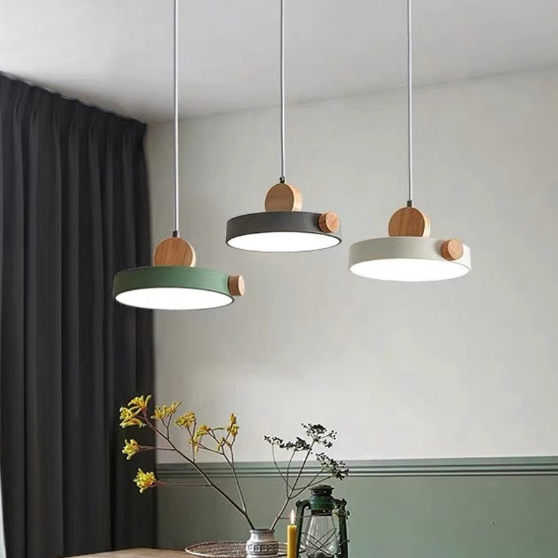 Grey/White/Green Round Hanging Light Nordic LED Acrylic Ceiling Suspension Lamp with Wood Decoration