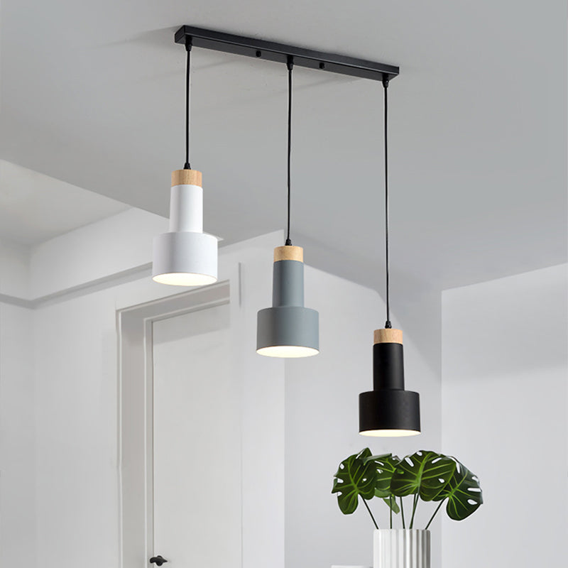 Round/Linear Hanging Pendant Light Nordic Metal 3 Heads Black/Grey/White Multi Light Ceiling Light with Torchlight/Cone Shade