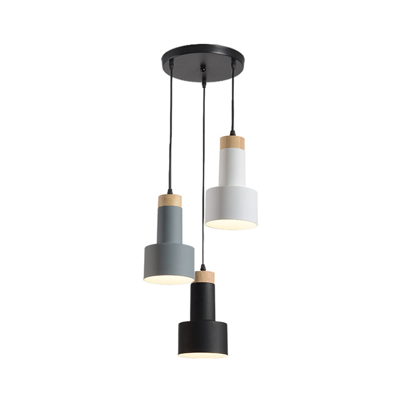 Round/Linear Hanging Pendant Light Nordic Metal 3 Heads Black/Grey/White Multi Light Ceiling Light with Torchlight/Cone Shade