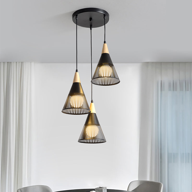 Round/Linear Hanging Pendant Light Nordic Metal 3 Heads Black/Grey/White Multi Light Ceiling Light with Torchlight/Cone Shade