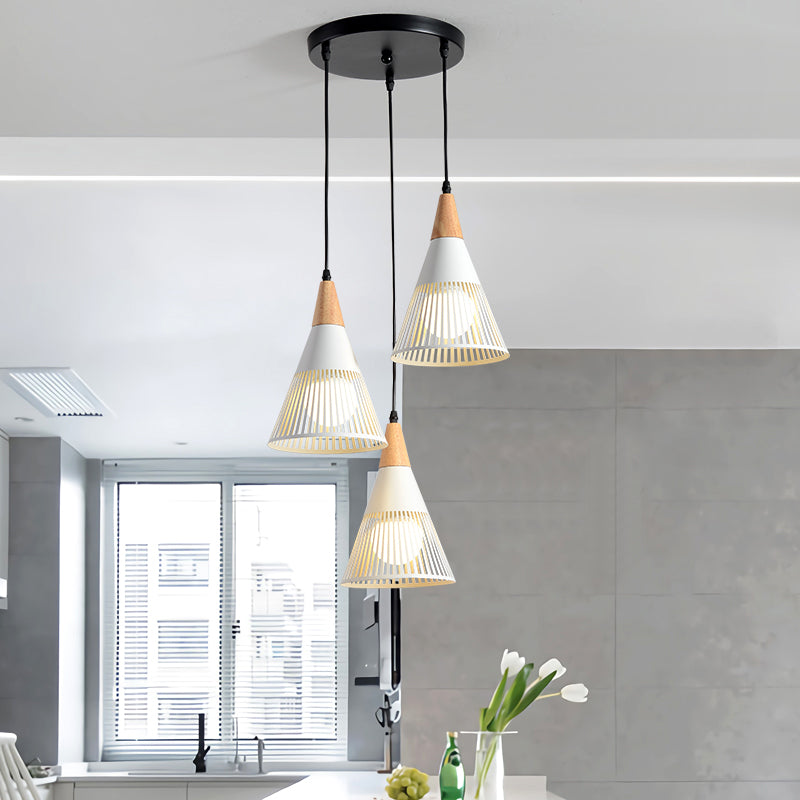 Round/Linear Hanging Pendant Light Nordic Metal 3 Heads Black/Grey/White Multi Light Ceiling Light with Torchlight/Cone Shade