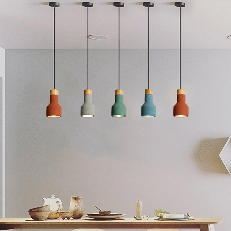 Mini Jar Shaped Cement Drop Pendant Macaron Single Green/Grey/Blue and Wood Pendulum Light for Kitchen Bar