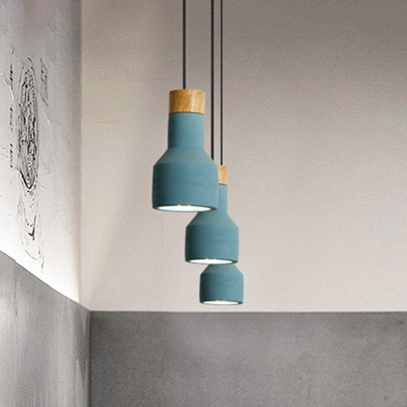 Mini Jar Shaped Cement Drop Pendant Macaron Single Green/Grey/Blue and Wood Pendulum Light for Kitchen Bar