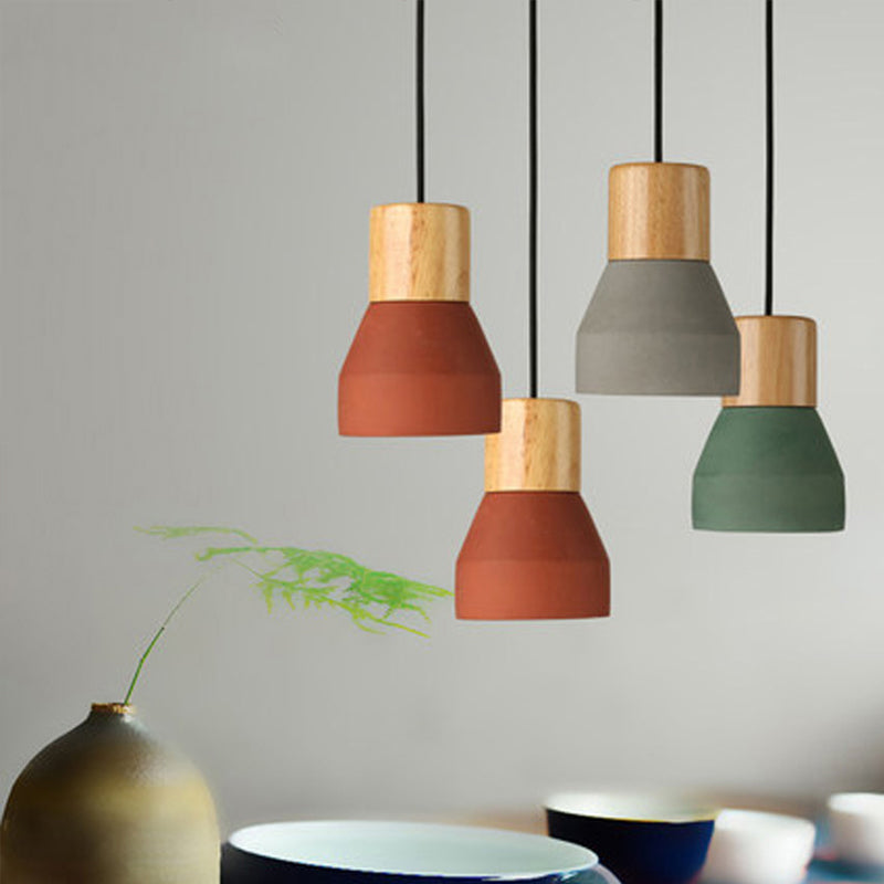 Cement Bottle Small Hanging Lamp Macaron Single Red/Grey/Green Ceiling Pendant Light with Wood Top