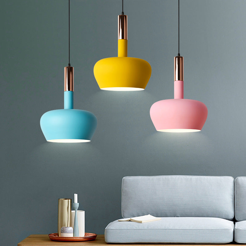 Apple-Shape Down Lighting Pendant Macaron Metallic 1 Light Pink/Blue/Yellow Ceiling Hang Light with Handle