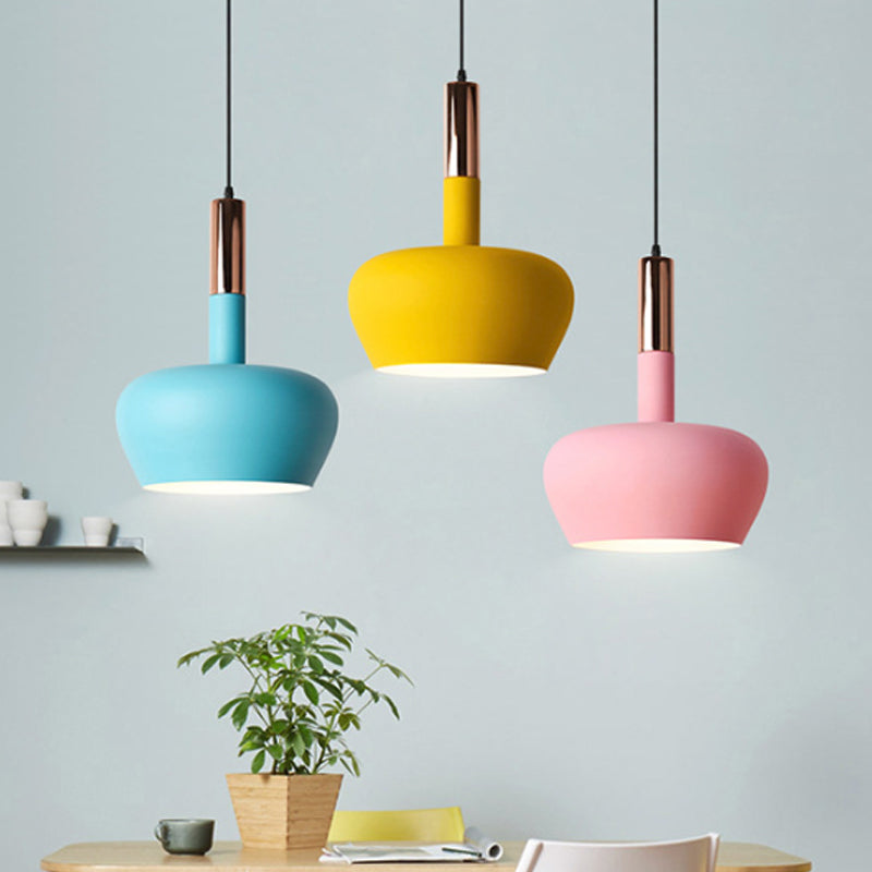 Apple-Shape Down Lighting Pendant Macaron Metallic 1 Light Pink/Blue/Yellow Ceiling Hang Light with Handle