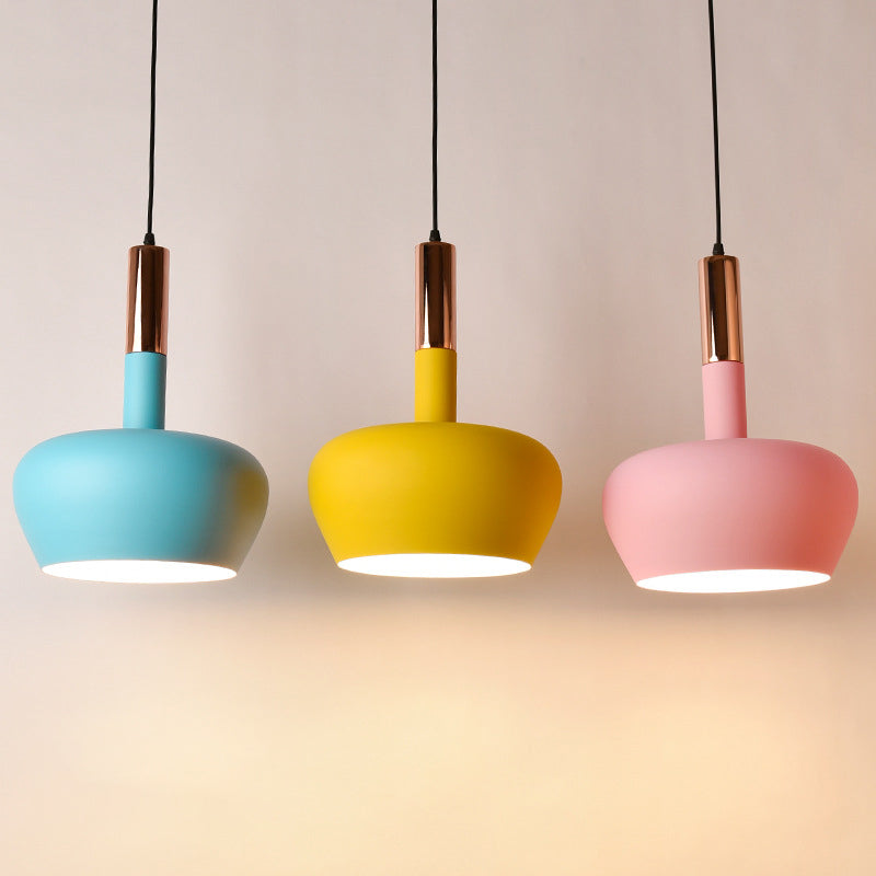 Apple-Shape Down Lighting Pendant Macaron Metallic 1 Light Pink/Blue/Yellow Ceiling Hang Light with Handle