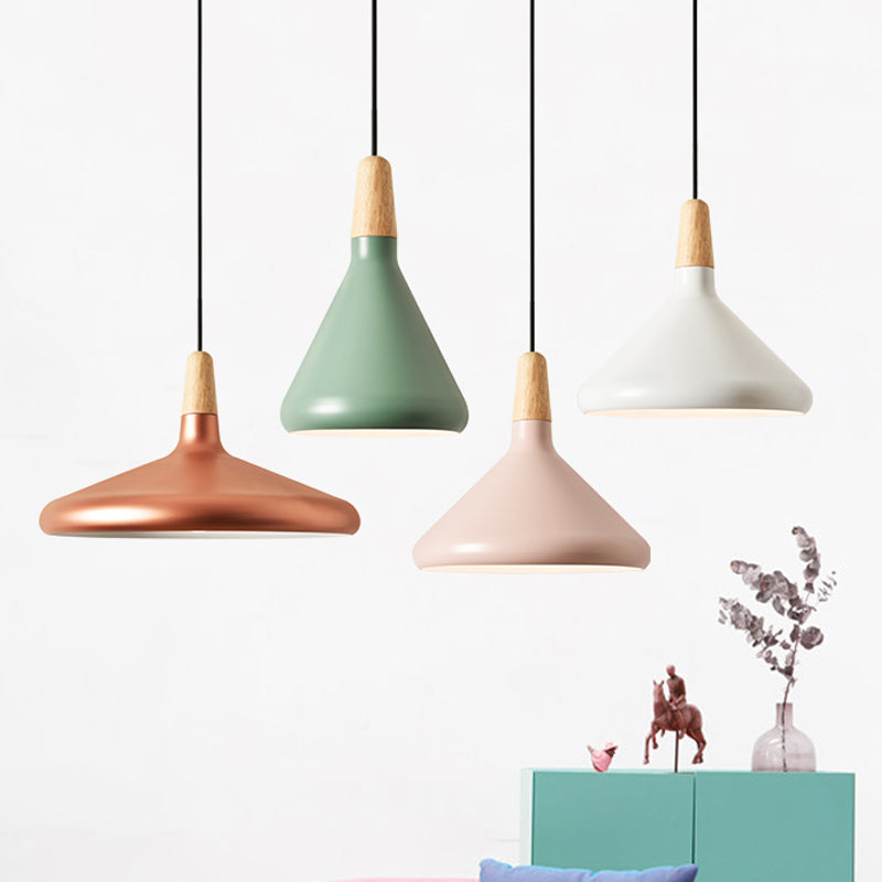 Conical Hanging Ceiling Light Macaron Aluminum 1-Bulb Pink/Gold/Grey and Wood Pendant Light Fixture over Table