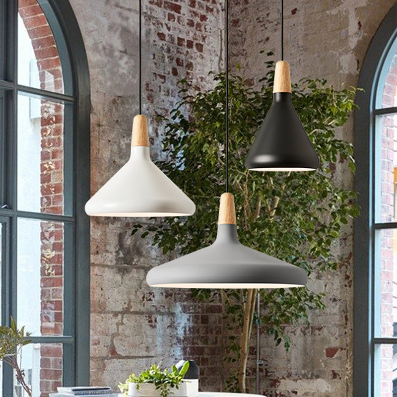 Conical Hanging Ceiling Light Macaron Aluminum 1-Bulb Pink/Gold/Grey and Wood Pendant Light Fixture over Table