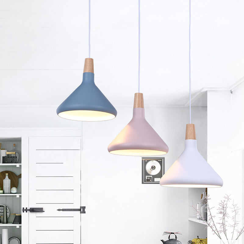 Flask Shaped Pendant Light Macaron Aluminum Single Kitchen Dinette Drop Lamp in Gold/Blue/Pink and Wood