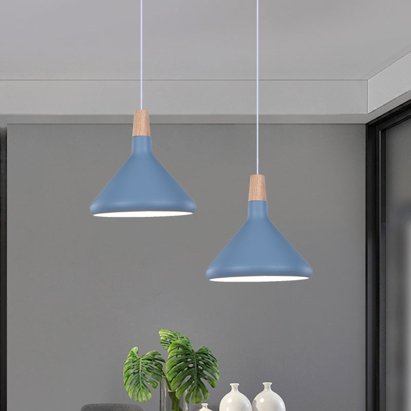 Flask Shaped Pendant Light Macaron Aluminum Single Kitchen Dinette Drop Lamp in Gold/Blue/Pink and Wood