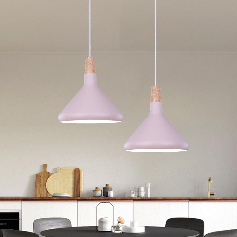 Flask Shaped Pendant Light Macaron Aluminum Single Kitchen Dinette Drop Lamp in Gold/Blue/Pink and Wood